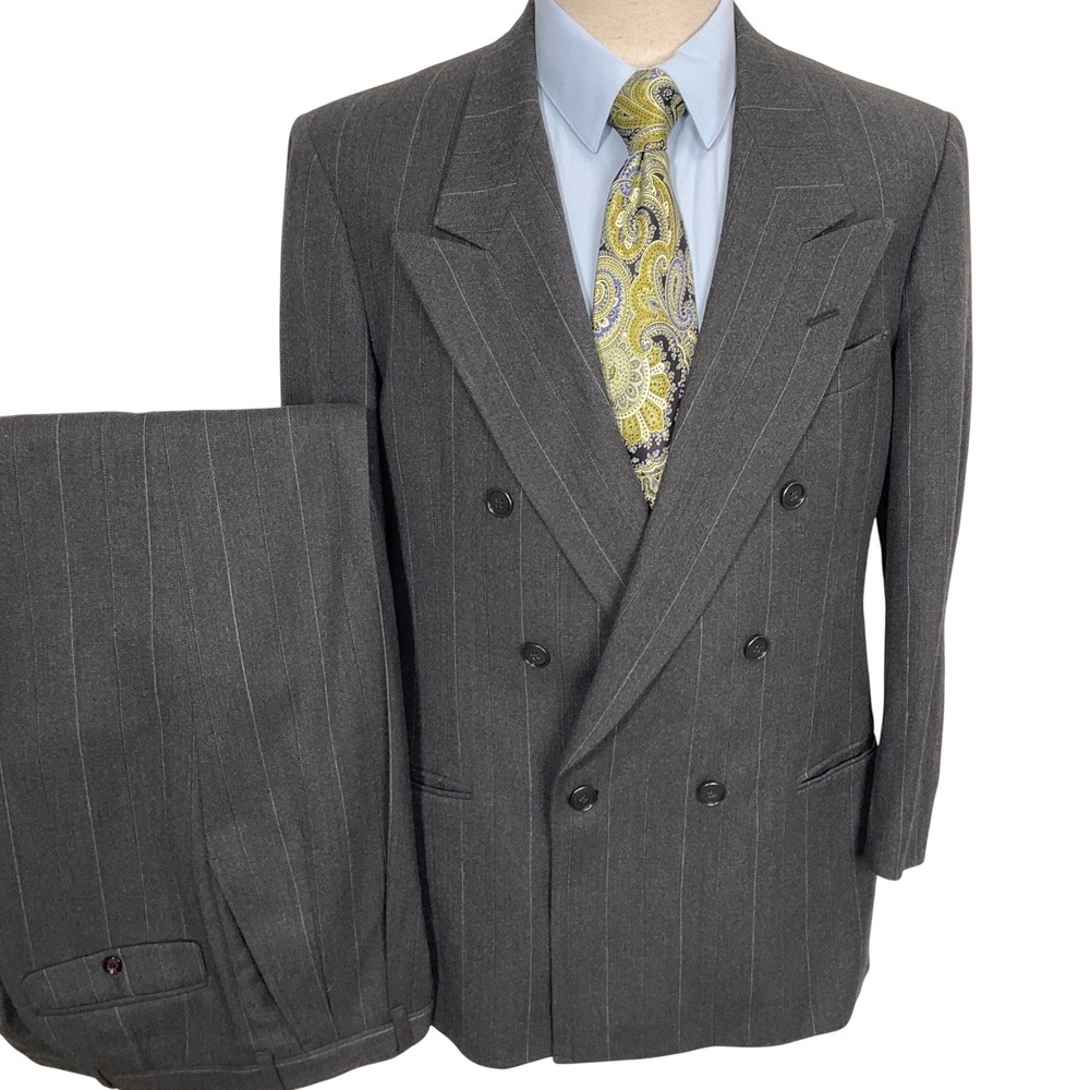 Pierre Cardin Suit Mens 44R 35W 30L Charcoal Gray Pinstripe Double Breasted Wool